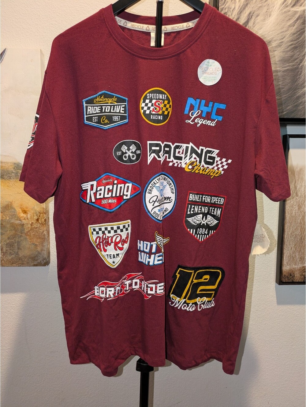Recycled Threads Racing Patch Moto Tee XL Burgundy NWT